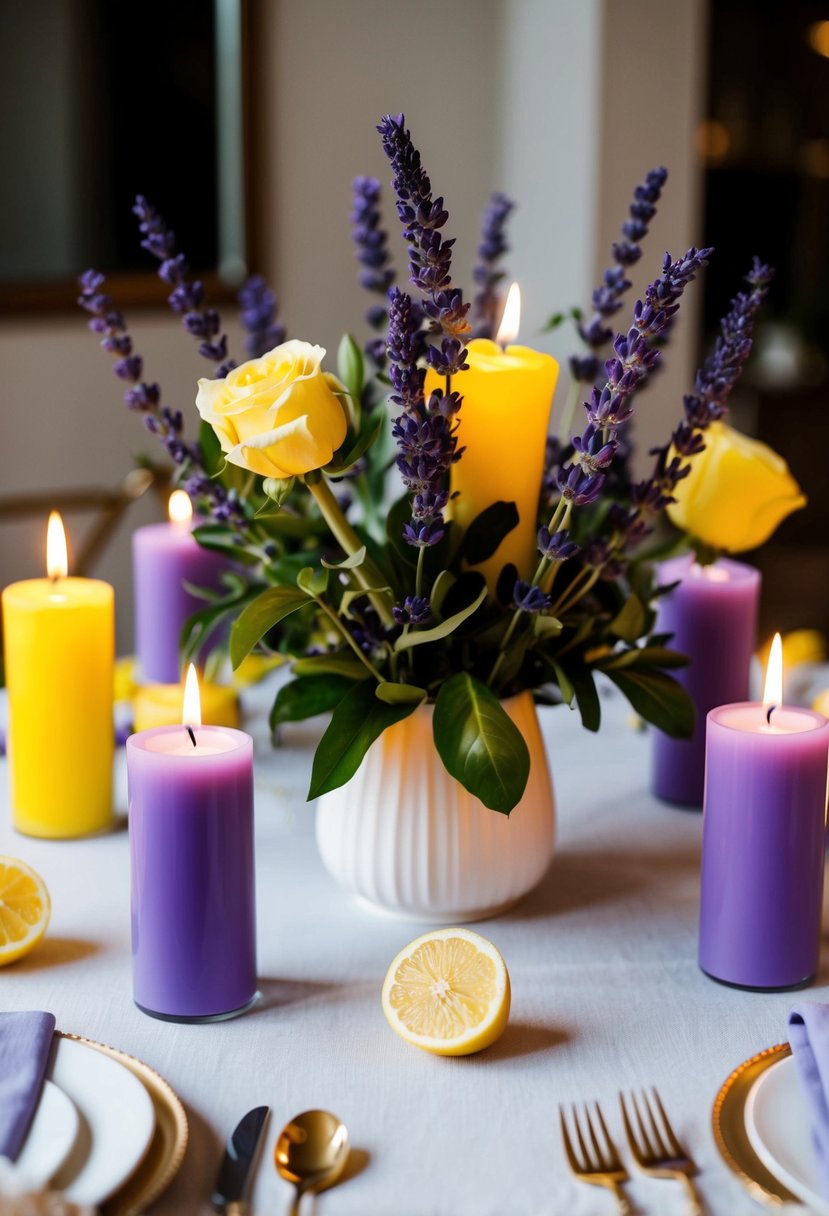 A table adorned with lavender and lemon scented candles, surrounded by floral arrangements in matching hues