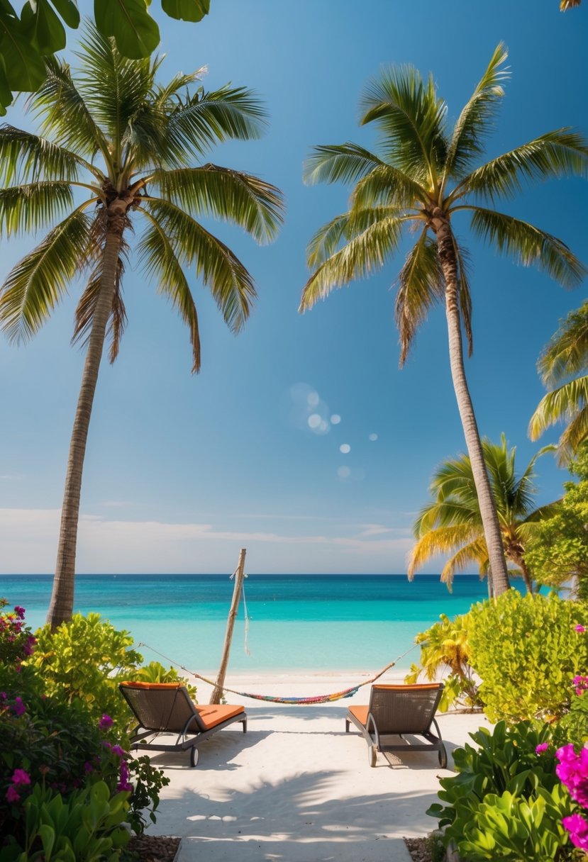 A serene beach with palm trees and crystal-clear water, surrounded by lush greenery and colorful flowers. A couple of lounge chairs and a hammock are placed in the shade