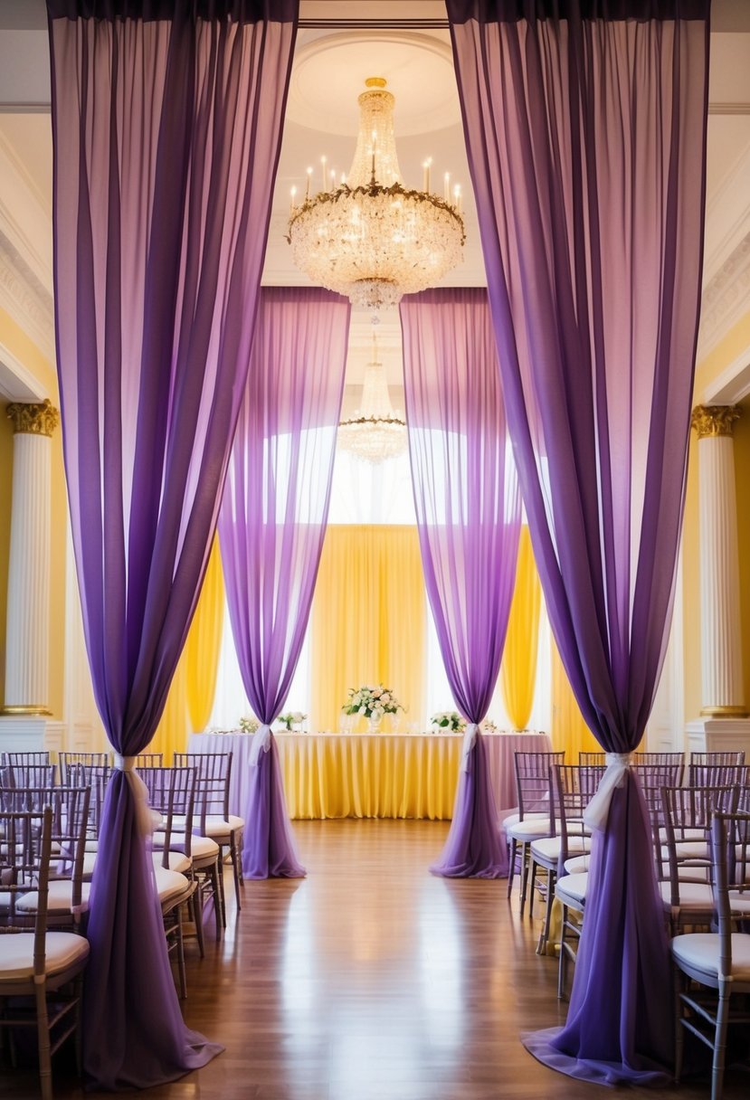 A grand ballroom with billowing lavender curtains framing a lemon-hued wedding ceremony