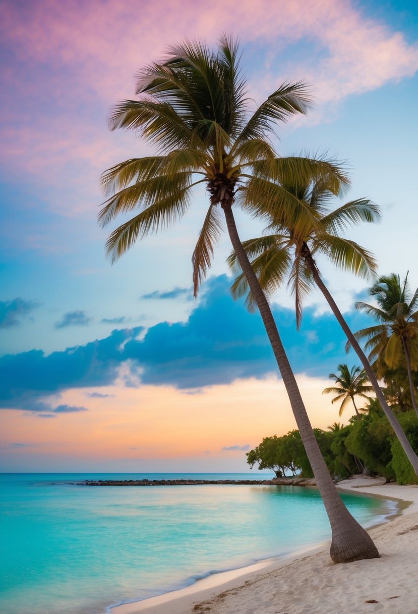 A secluded beach with palm trees, clear turquoise water, and a colorful sunset over the horizon