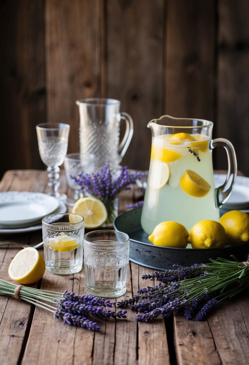 A rustic wooden table adorned with lavender and lemons, surrounded by vintage glassware and a pitcher of lavender lemonade