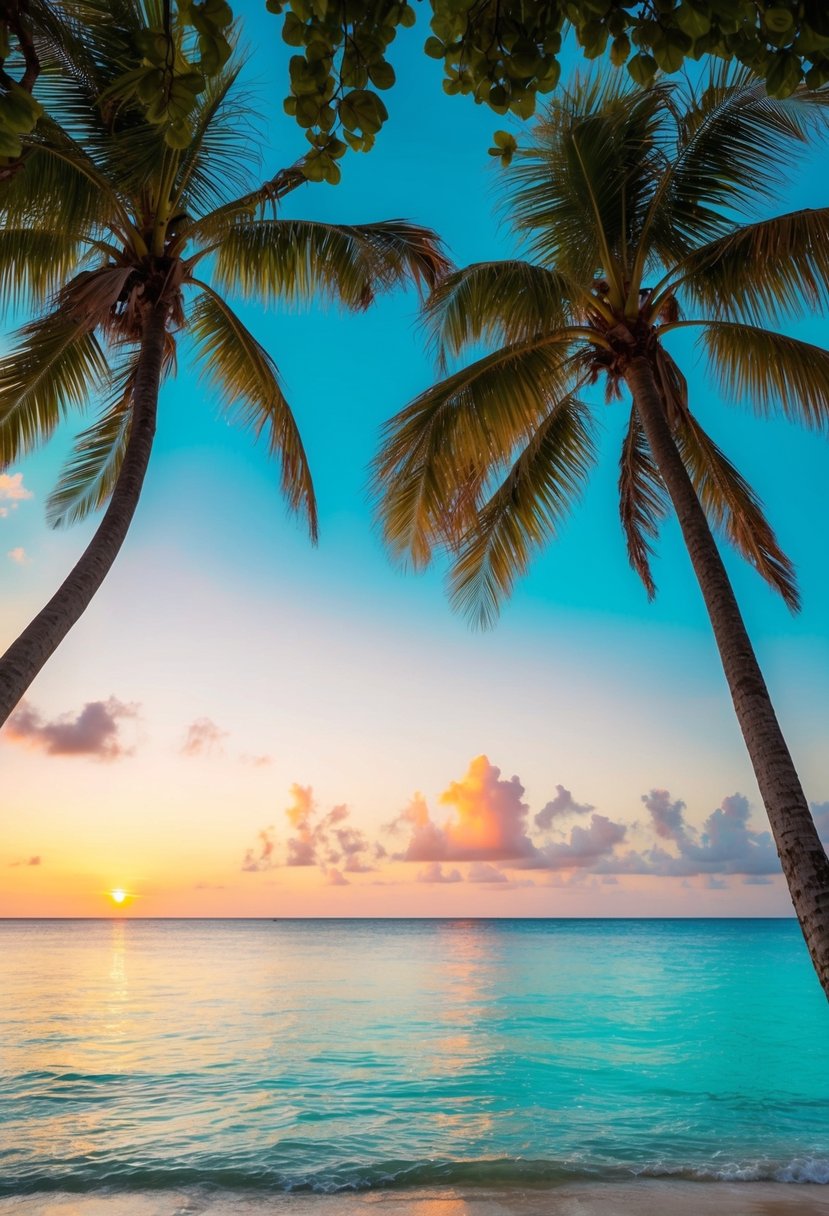 A serene beach with palm trees, crystal-clear turquoise waters, and a colorful sunset over the horizon in the Dominican Republic