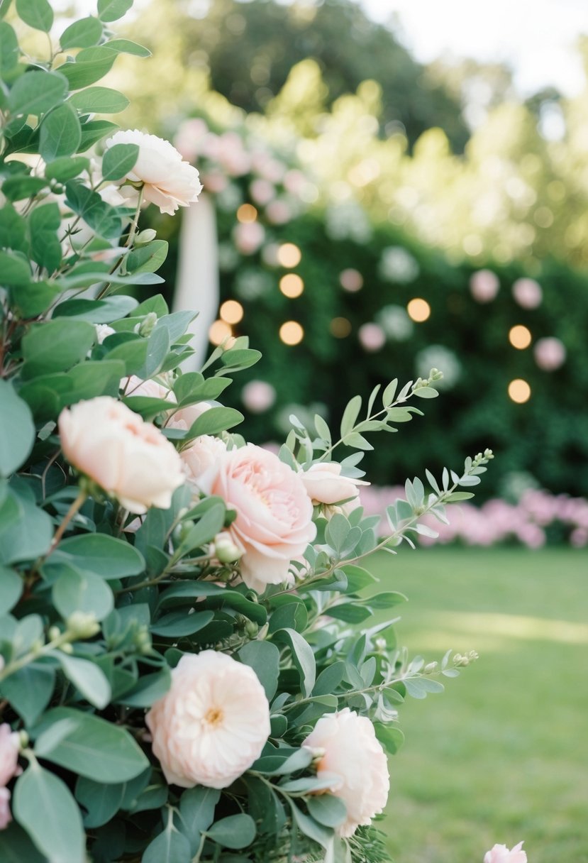 A serene garden wedding with sage green foliage, blush pink flowers, and delicate pastel decor