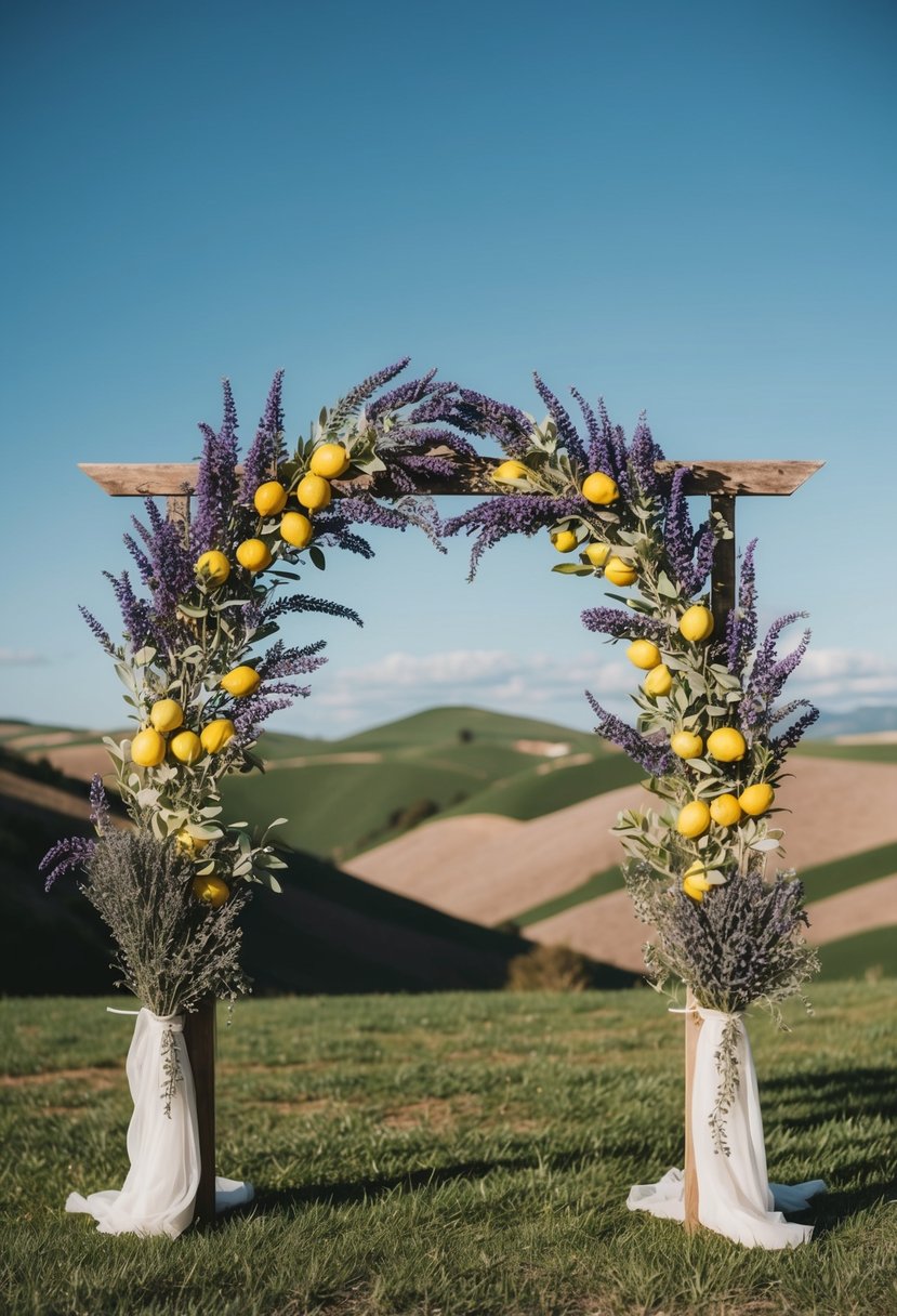 A rustic wedding arch adorned with fresh lavender and lemon branches, set against a backdrop of rolling hills and a clear blue sky