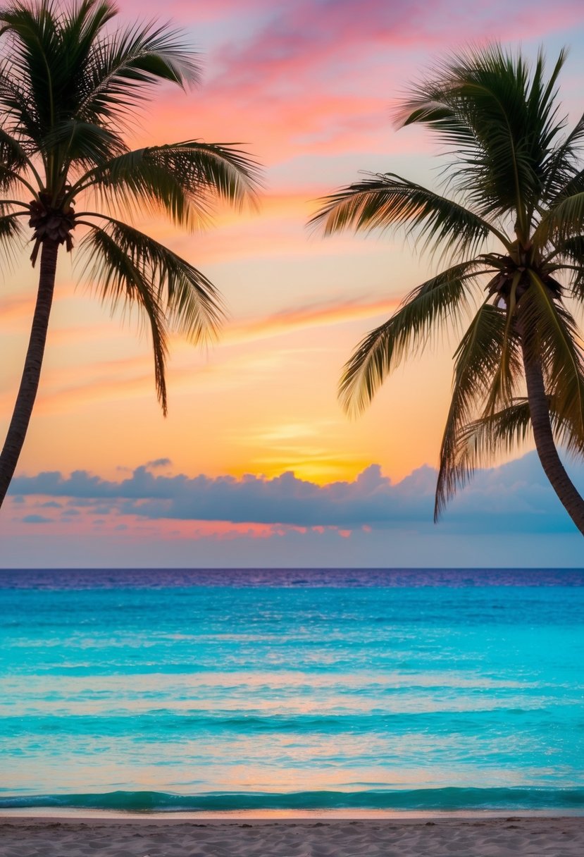 A serene beach with palm trees, crystal-clear turquoise water, and a colorful sunset sky over the horizon