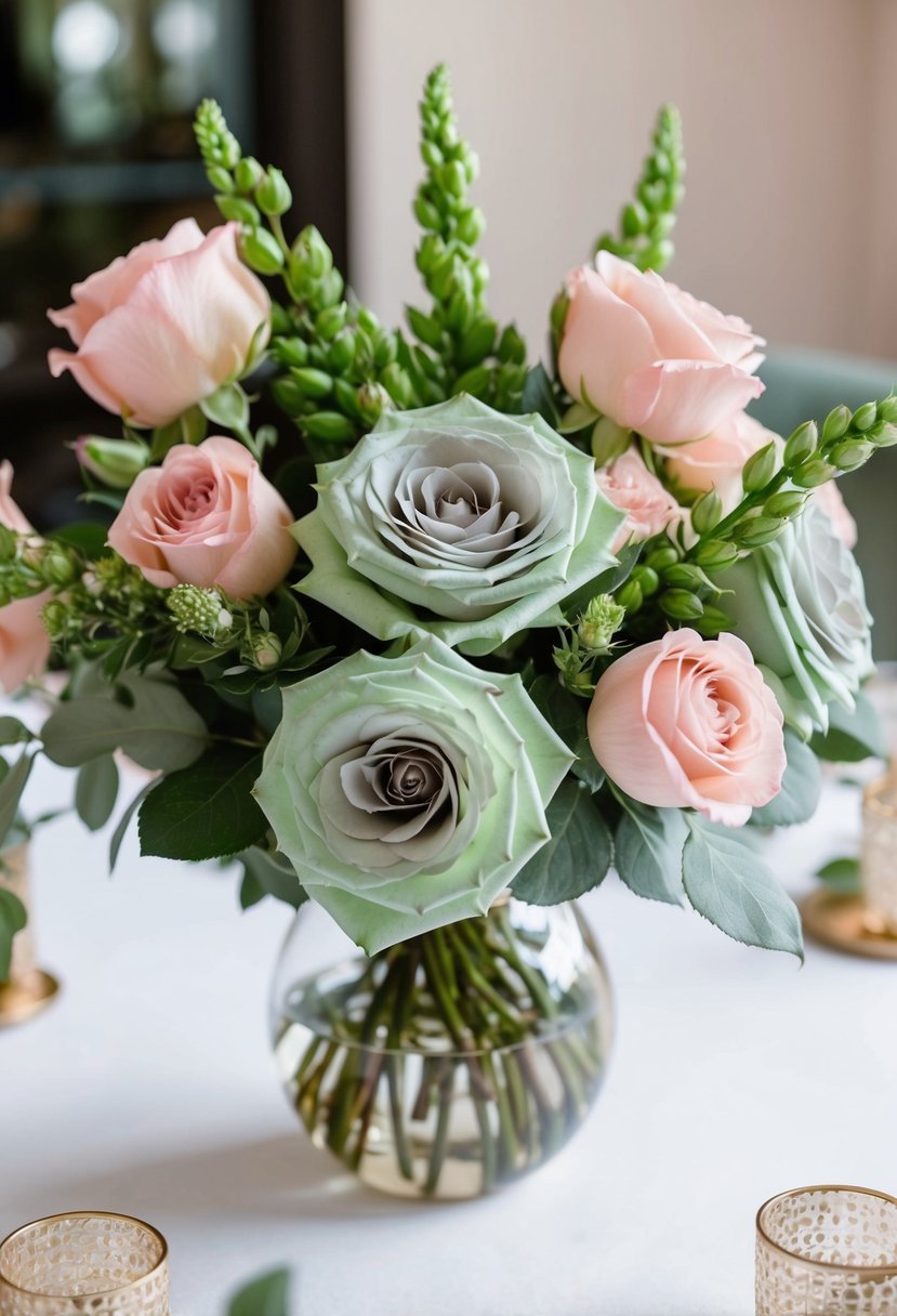 A floral centerpiece with sage green and blush pink roses arranged in a decorative display