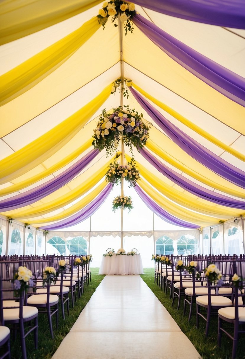 A lemon yellow and lavender wedding tent adorned with flowing fabric, floral arrangements, and twinkling lights