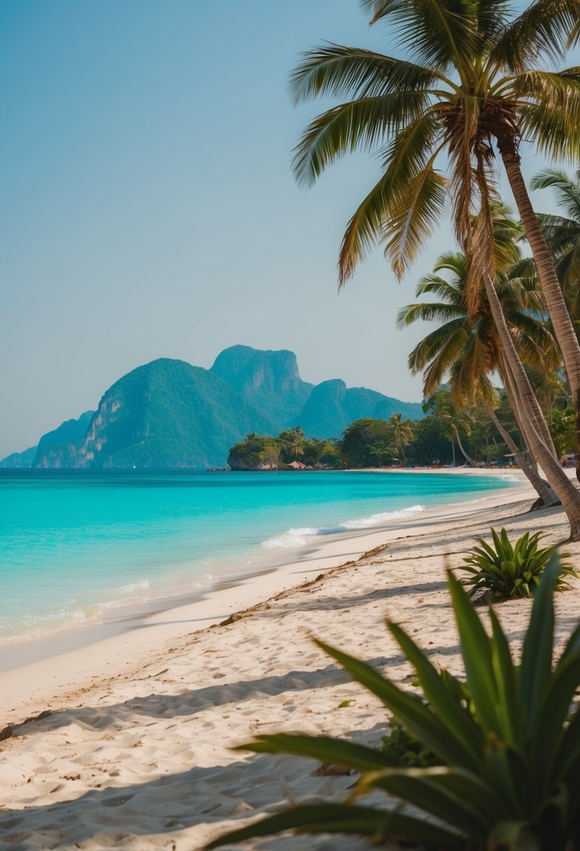 A sun-drenched beach with palm trees, turquoise waters, and a distant mountain backdrop in Phuket, Thailand