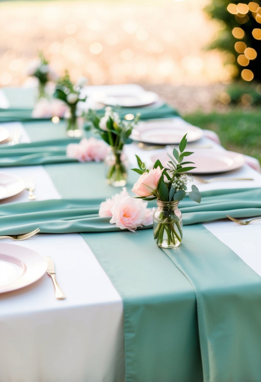 Sage green table runners adorned with delicate pink accents, creating a serene and romantic setting for a wedding celebration