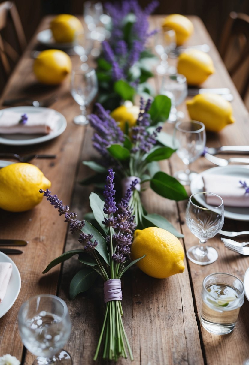 A rustic wooden table adorned with delicate lavender boutonnieres and fresh lemons, creating a charming and fragrant wedding color palette