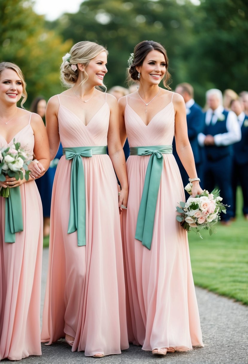 Blush pink dresses with sage green sashes at a wedding