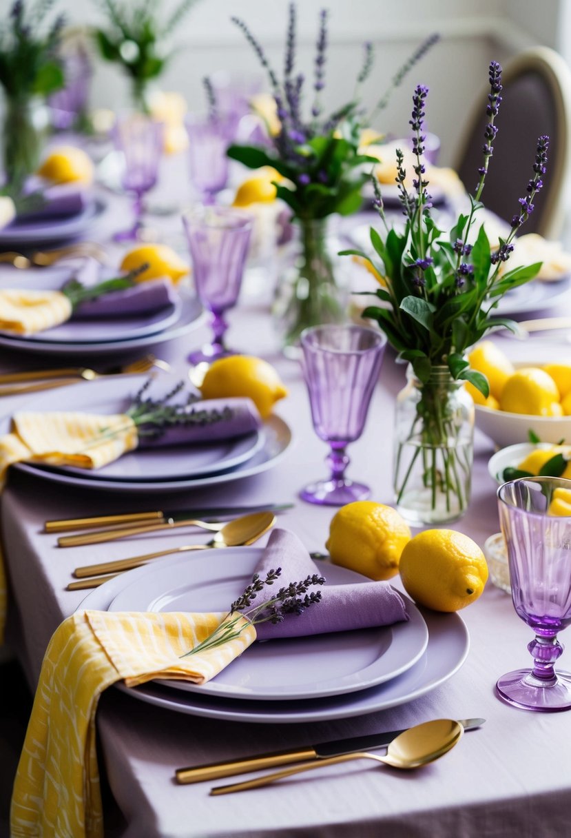 A table set with lavender and lemon-colored plates, glasses, and napkins, accented with fresh lemons and lavender sprigs