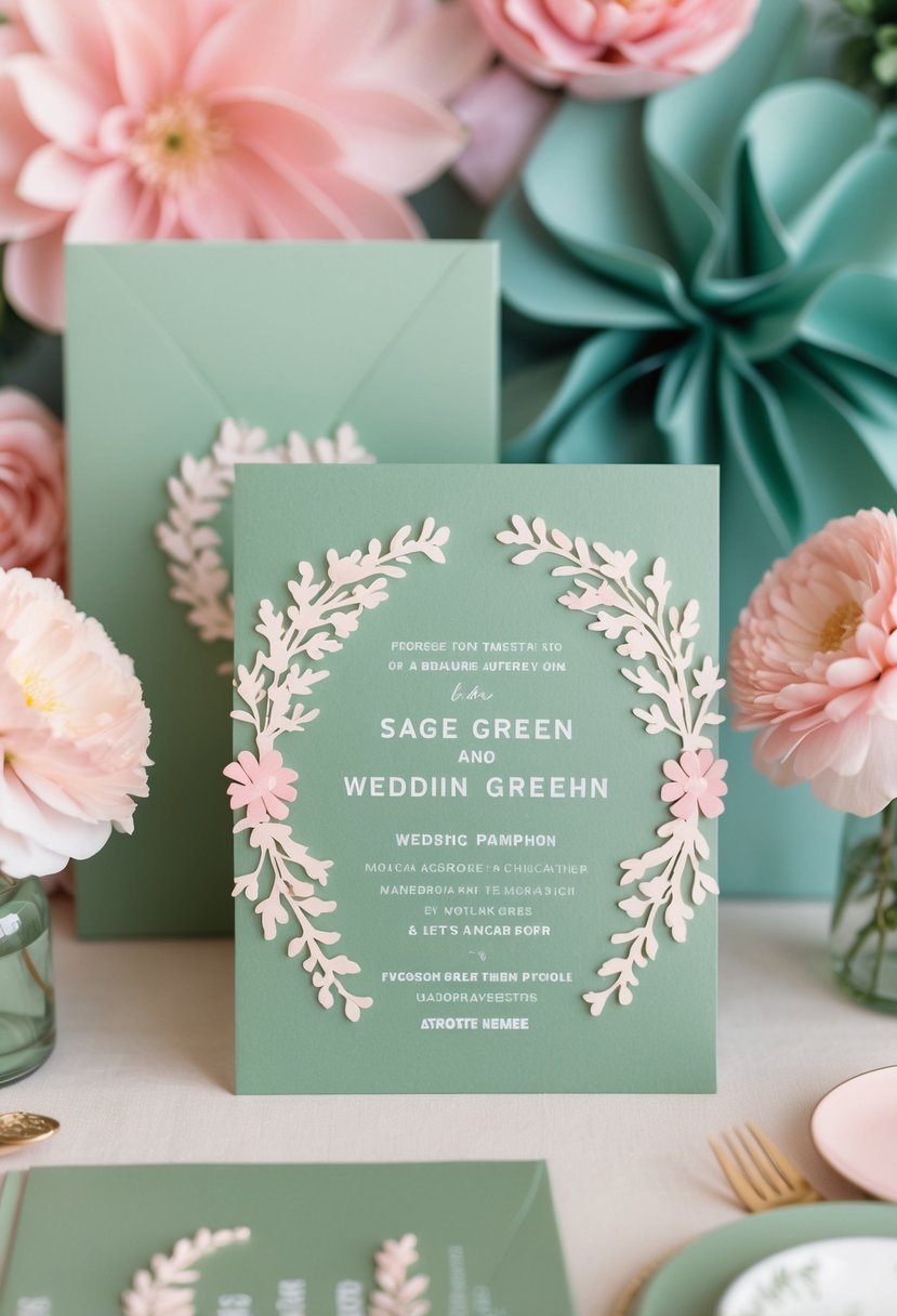 Sage green wedding invitations adorned with delicate pink floral designs, set against a backdrop of coordinating sage green and pink wedding decor