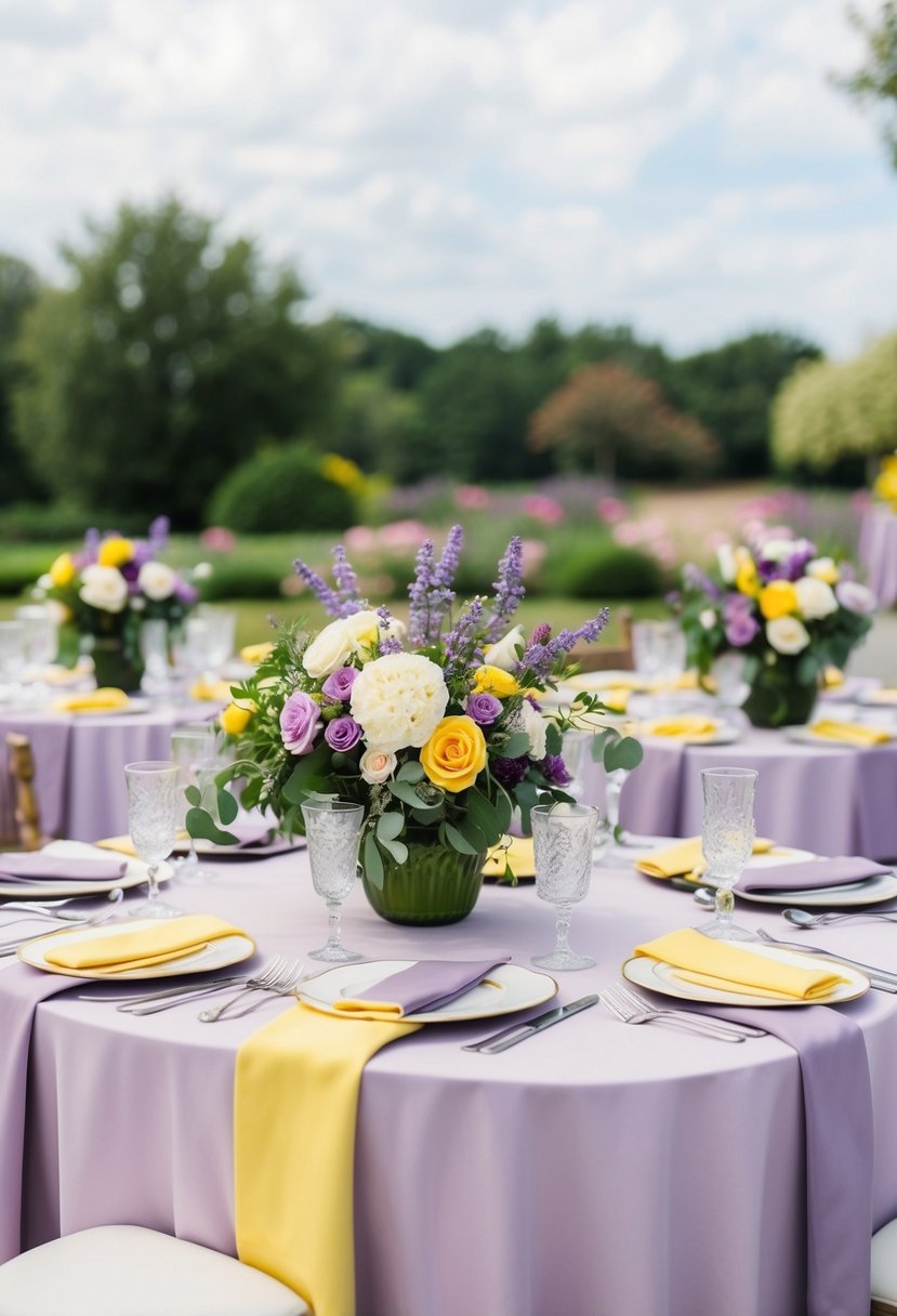 A table set with lavender and lemon linens, adorned with floral centerpieces