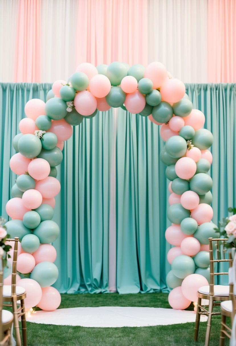 A wedding arch adorned with a sage green and pink balloon garland, set against a backdrop of sage green and pink wedding decor