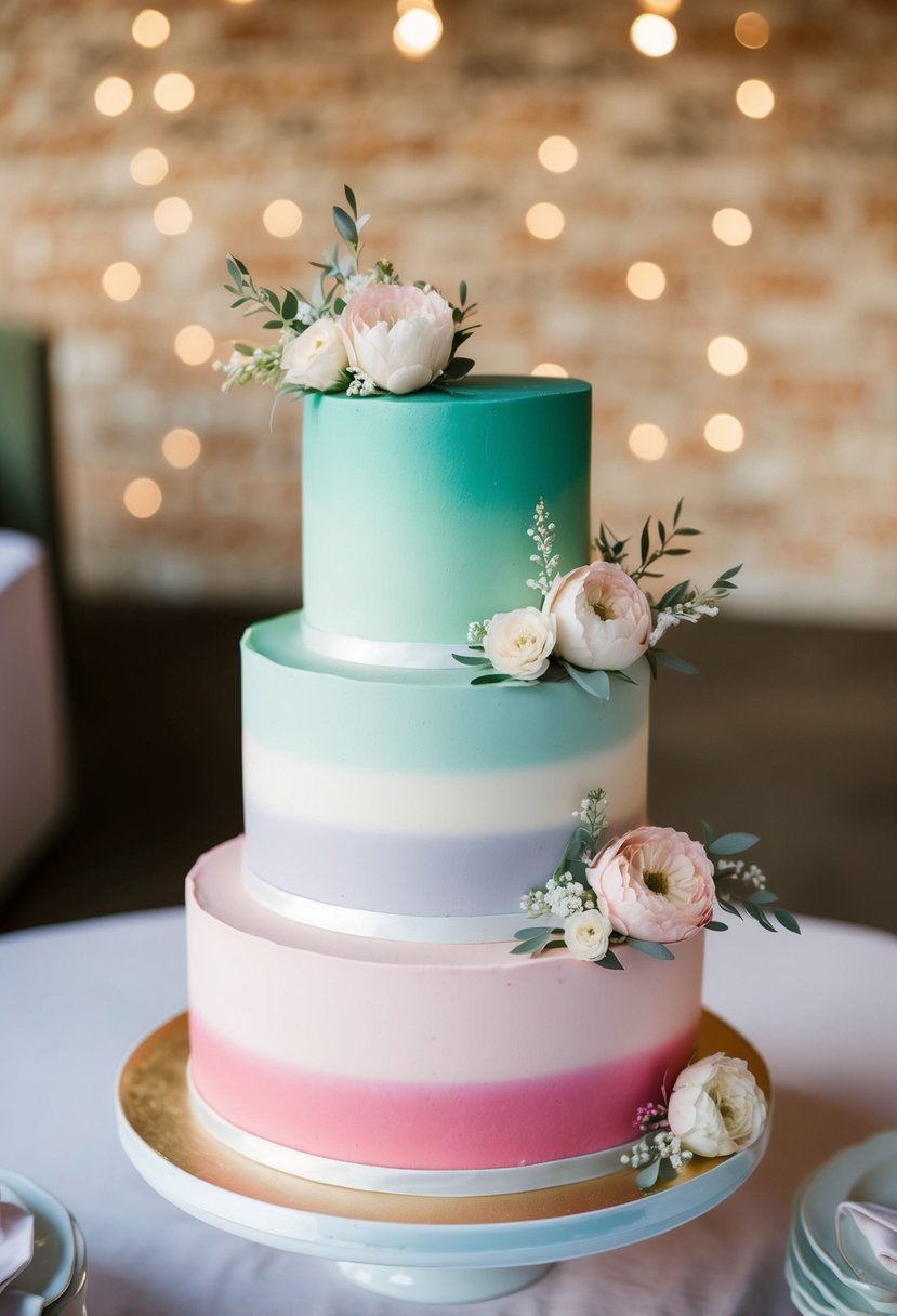 A three-tiered wedding cake with ombre layers transitioning from sage green to pink, adorned with delicate floral accents in matching colors