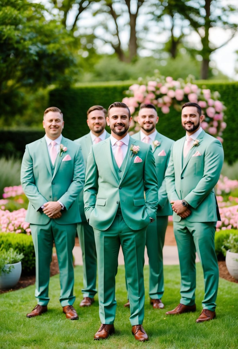 Groom and groomsmen in sage green suits with pink pocket squares, standing in a garden with sage green and pink floral decor