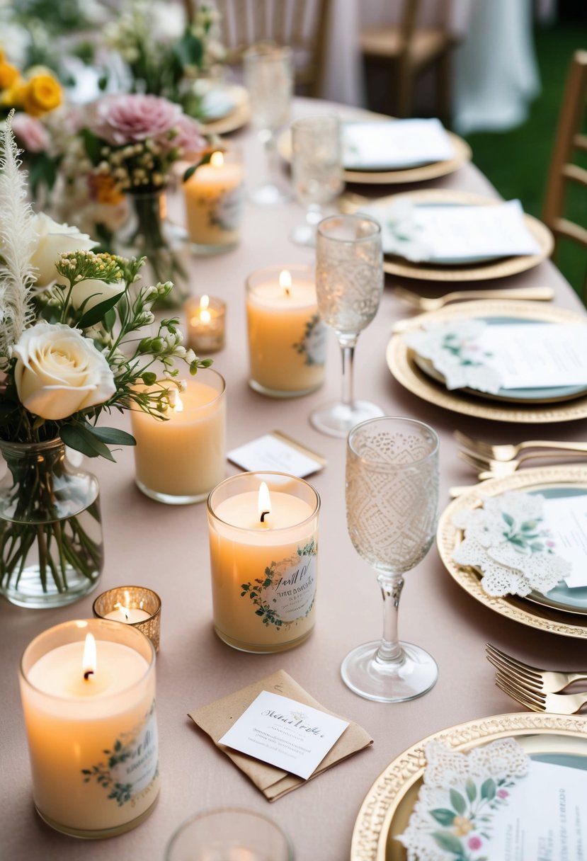 A table adorned with elegant summer wedding favors for guests, including floral-themed candles, personalized seed packets, and delicate lace fans