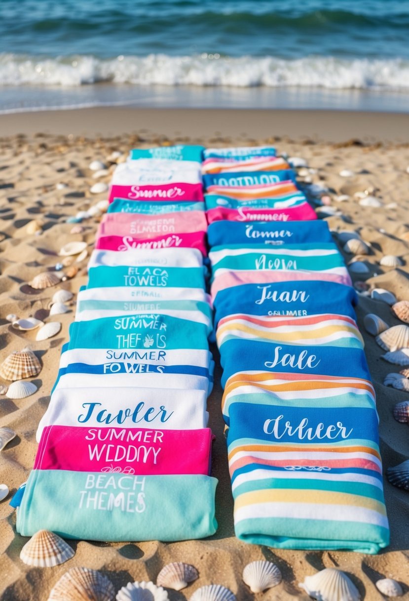 A colorful array of personalized beach towels with summer wedding themes spread out on a sandy beach, surrounded by seashells and sparkling ocean waves