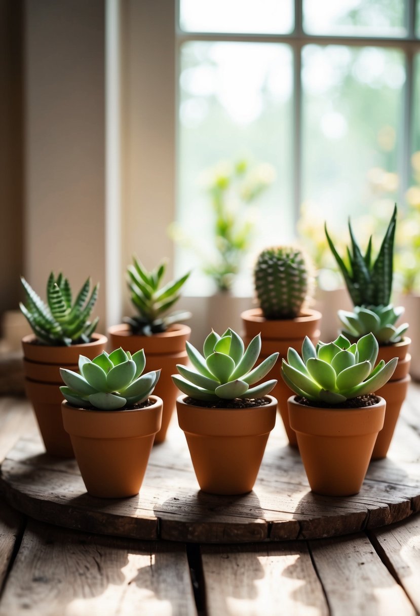 Mini succulents in terracotta pots arranged on a rustic wooden table, with soft sunlight streaming through a window in the background