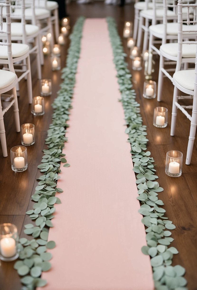 Blush pink aisle runners lined with sage green petals create a soft, romantic atmosphere for a wedding