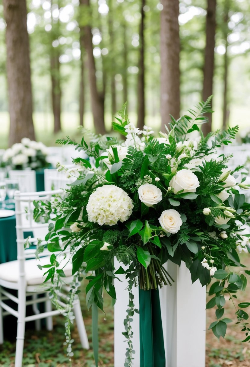 A forest green and white wedding with lush greenery, white flowers, and elegant green and white decor