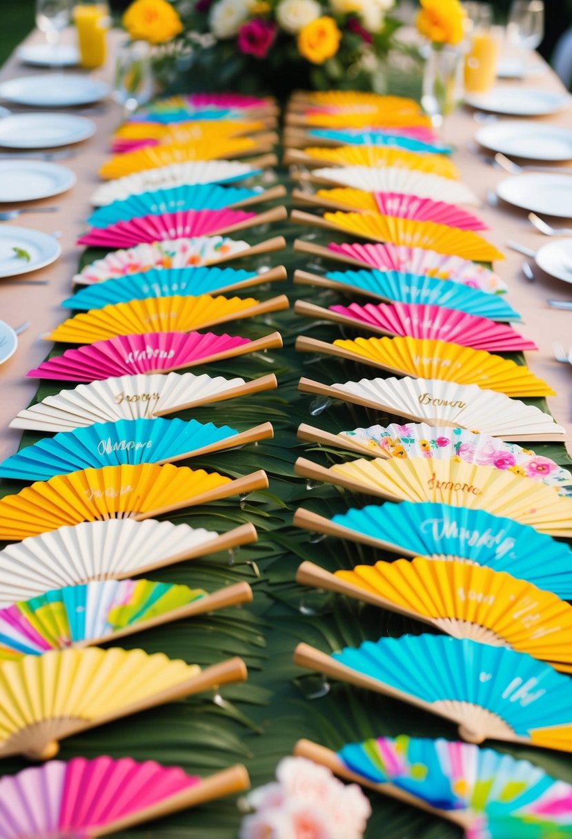 A colorful array of personalized hand fans arranged on a table at a summer wedding, with delicate designs and vibrant hues