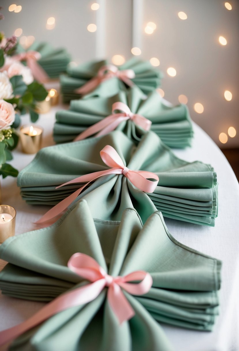 Sage green napkins tied with pink ribbons arranged on a table