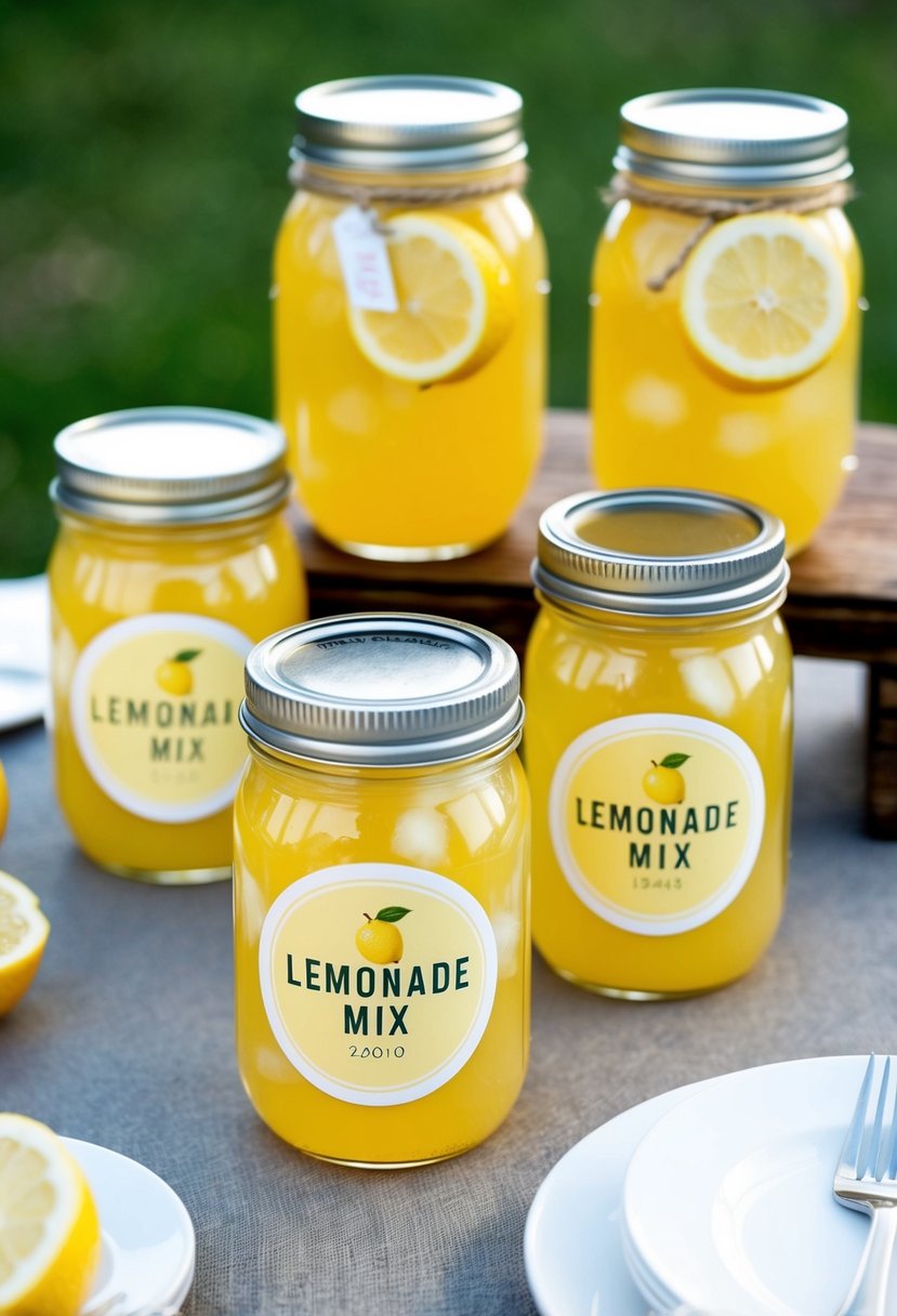 Lemonade mix jars with personalized labels displayed on a rustic table for summer wedding favors