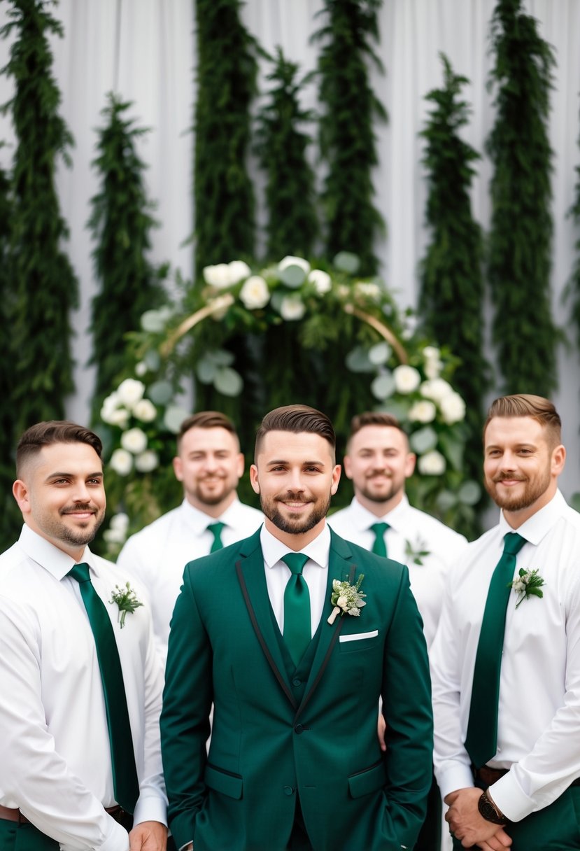 A group of groomsmen wearing dark green ties stand against a backdrop of elegant forest green and white wedding decor