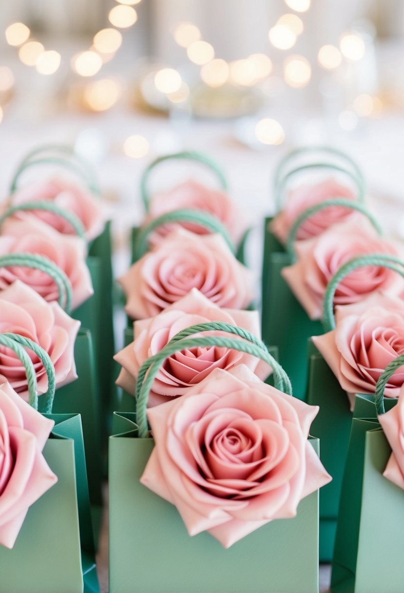 Blush pink wedding favors arranged in sage green bags