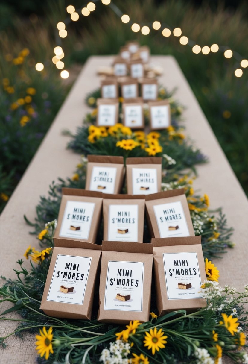 A table adorned with mini S'mores kits in rustic packaging, surrounded by wildflowers and twinkling lights