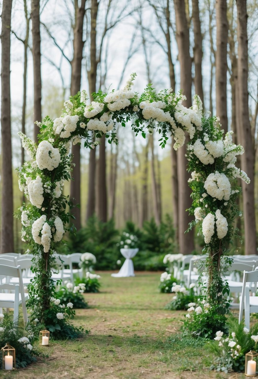 A serene forest clearing with white blossoms and green foliage, adorned with white and green wedding decor