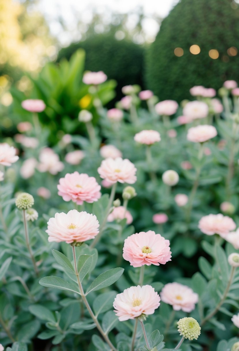 A serene garden with soft pink and sage green flowers, creating a romantic backdrop for wedding photos