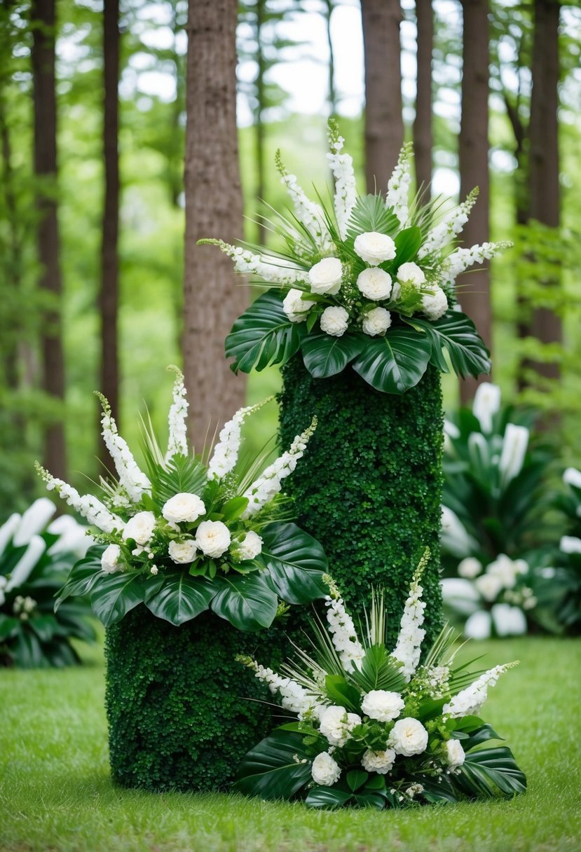 Lush greenery arrangements with white accents in a forest setting