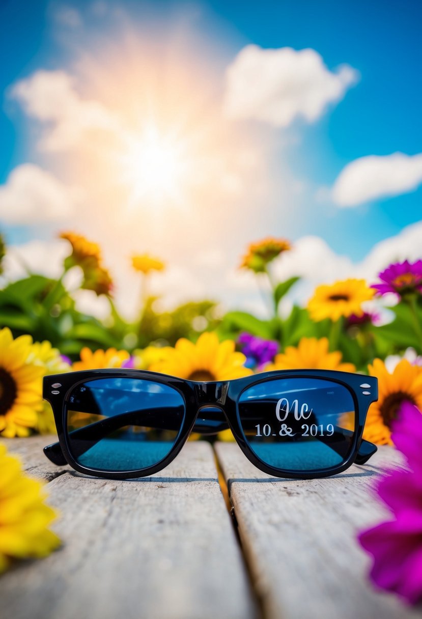 A pair of custom sunglasses with the wedding date printed on the side, surrounded by colorful summer flowers and a sunny blue sky