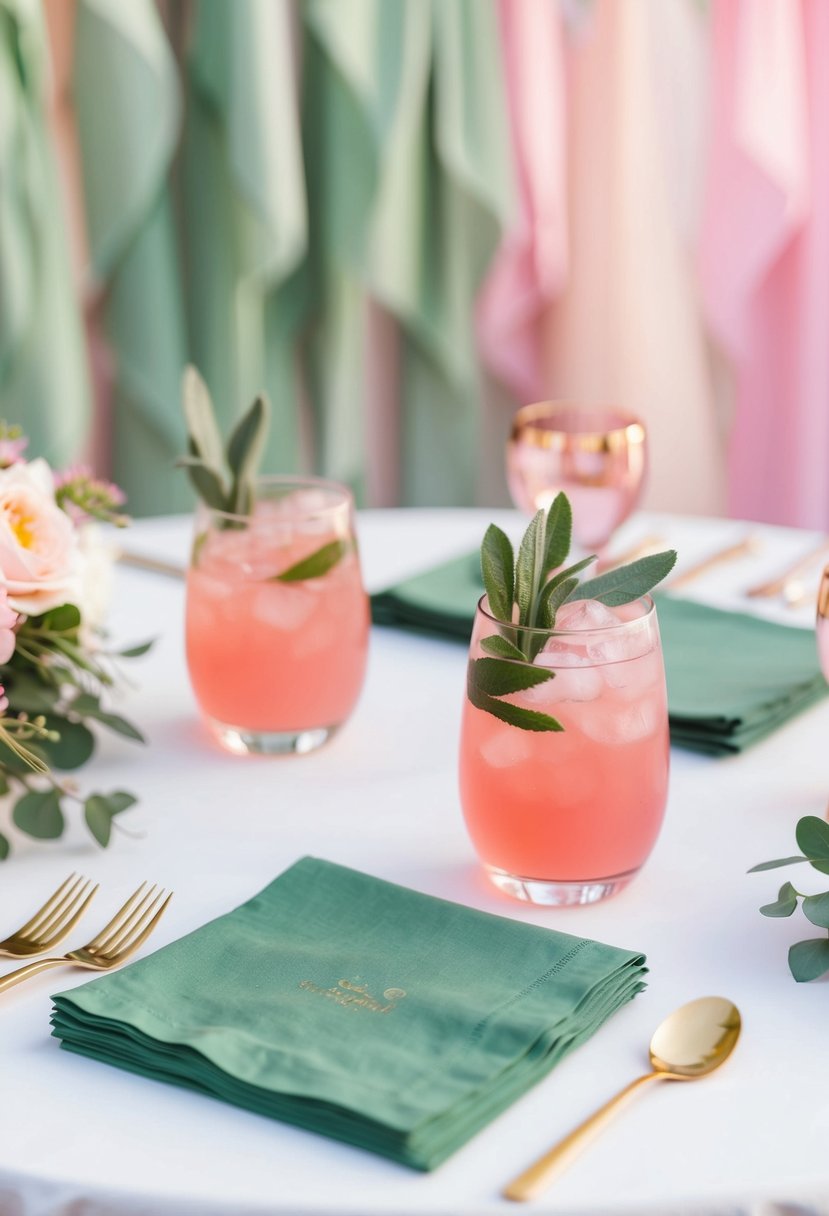 Sage green cocktail napkins with pink drinks on a table, surrounded by sage green and pink wedding decor