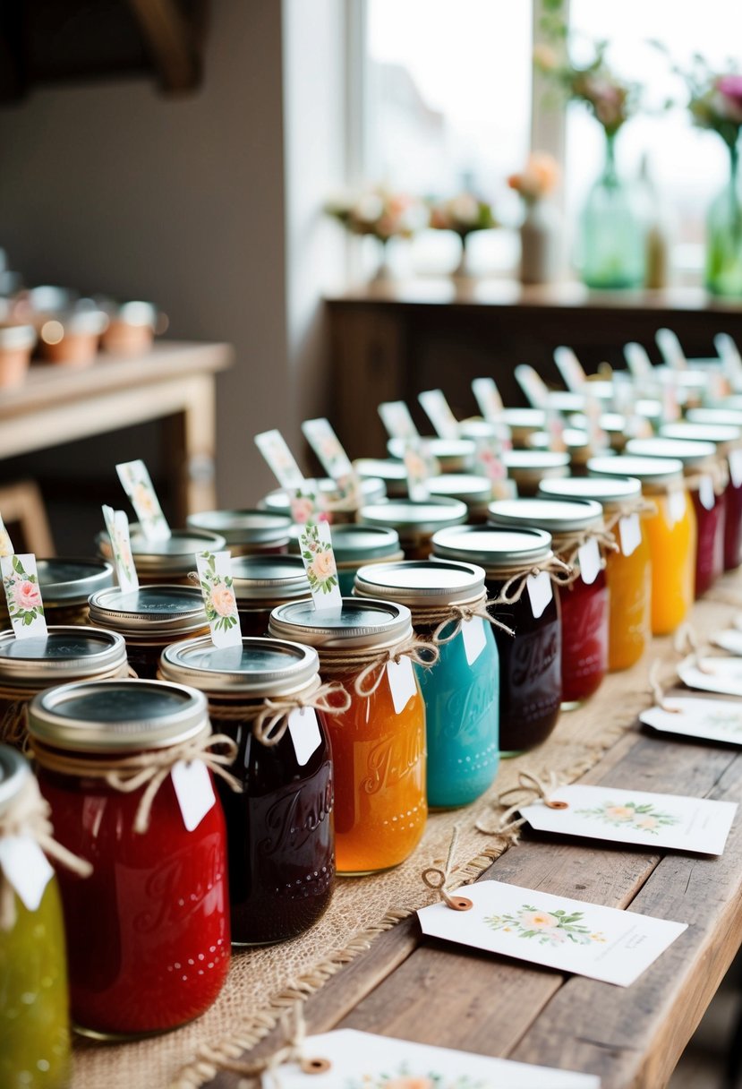 A rustic table adorned with rows of colorful homemade jam jars, tied with twine and adorned with delicate floral tags