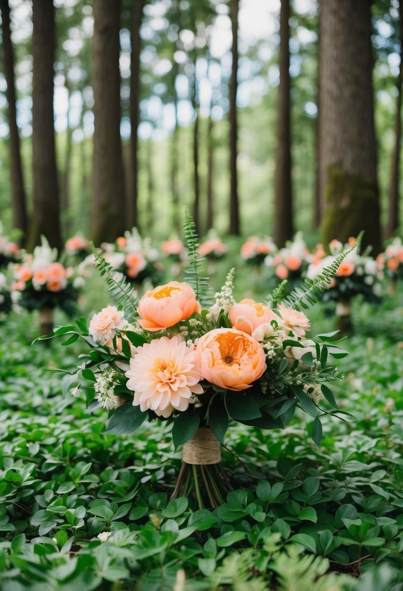 A lush forest clearing with peach and coral flowers, accented with pops of white and forest green foliage for a summer wedding palette