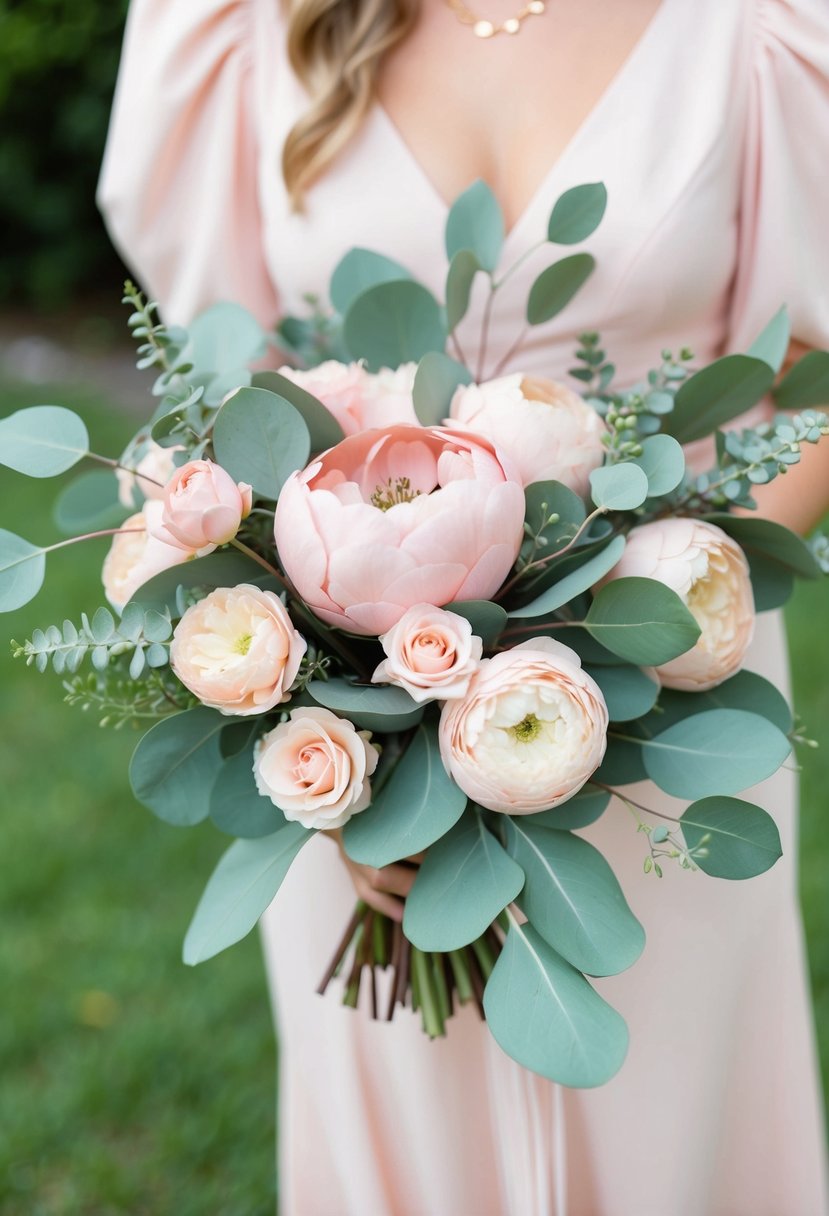 A blush pink bouquet with sage green eucalyptus leaves