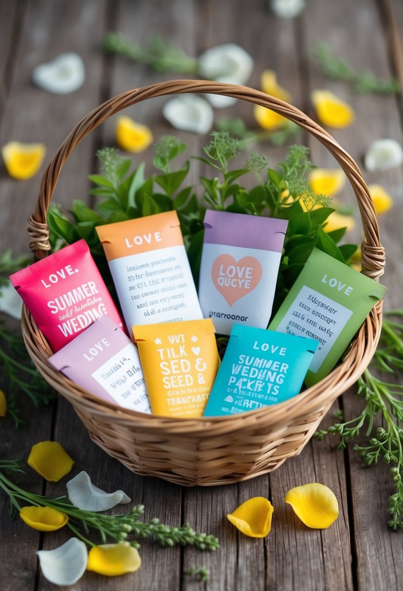 Colorful seed packets arranged in a basket, with love quotes and summer wedding motifs, surrounded by delicate flower petals and greenery