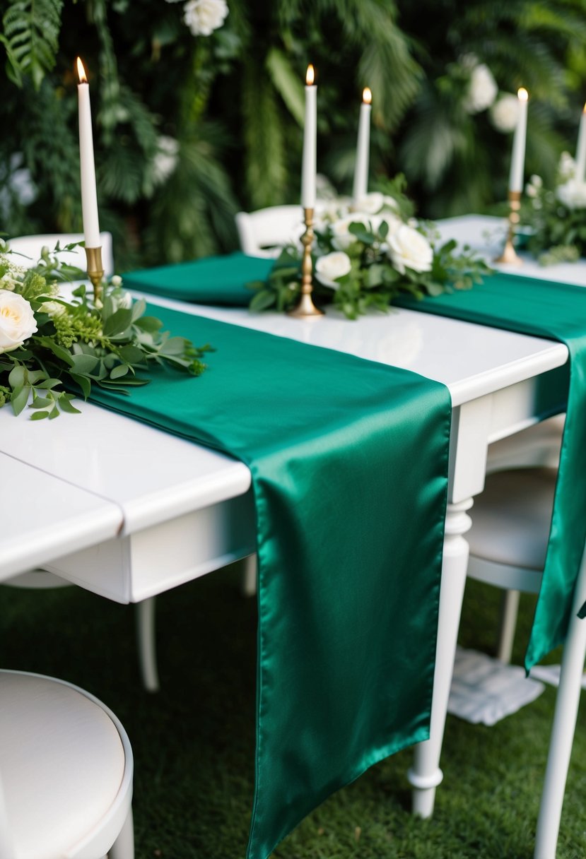 Forest green silk table runners draped on a white table, surrounded by lush greenery and white floral accents