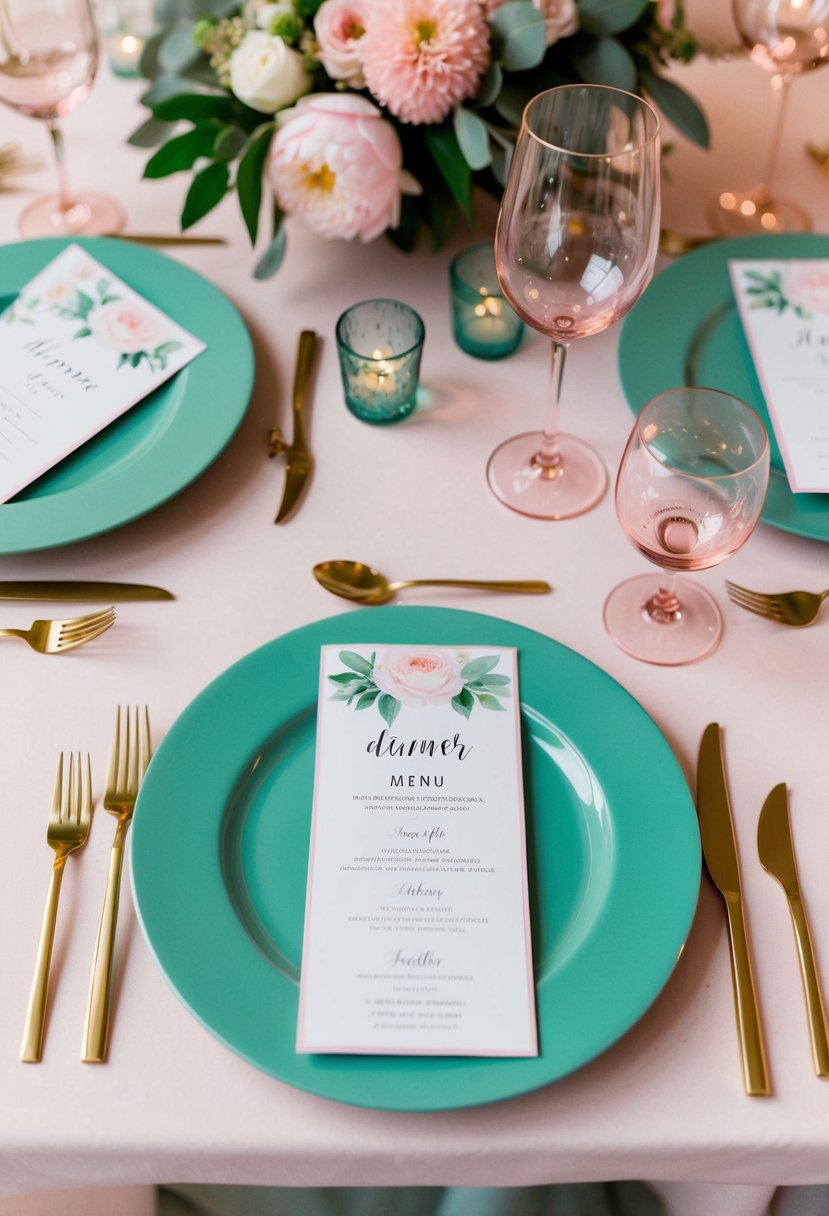 Sage green charger plates with pink dinner menus arranged on a table, surrounded by sage green and pink wedding decor