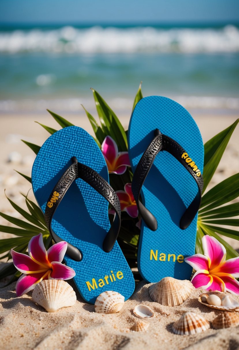 A beach setting with a pair of personalized flip flops placed on the sand, surrounded by tropical flowers and seashells