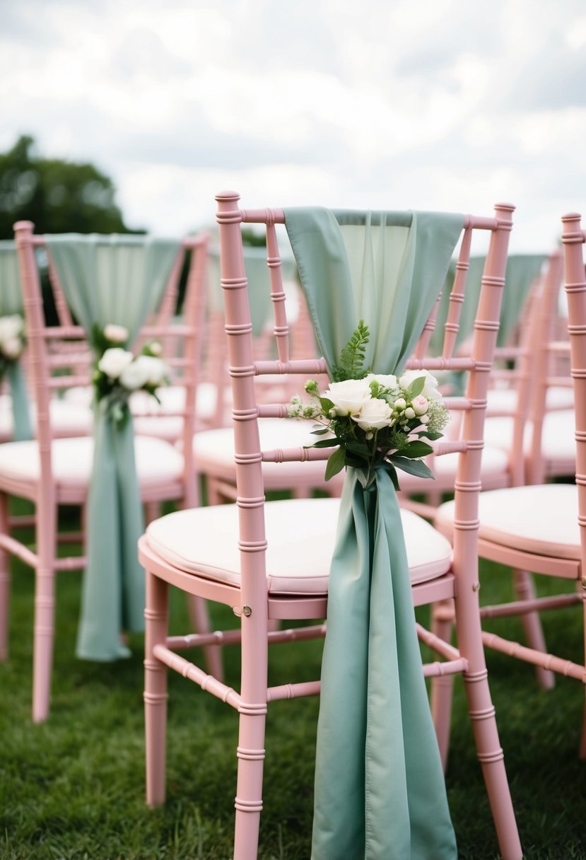 Blush pink chairs with sage green sashes arranged for a wedding ceremony