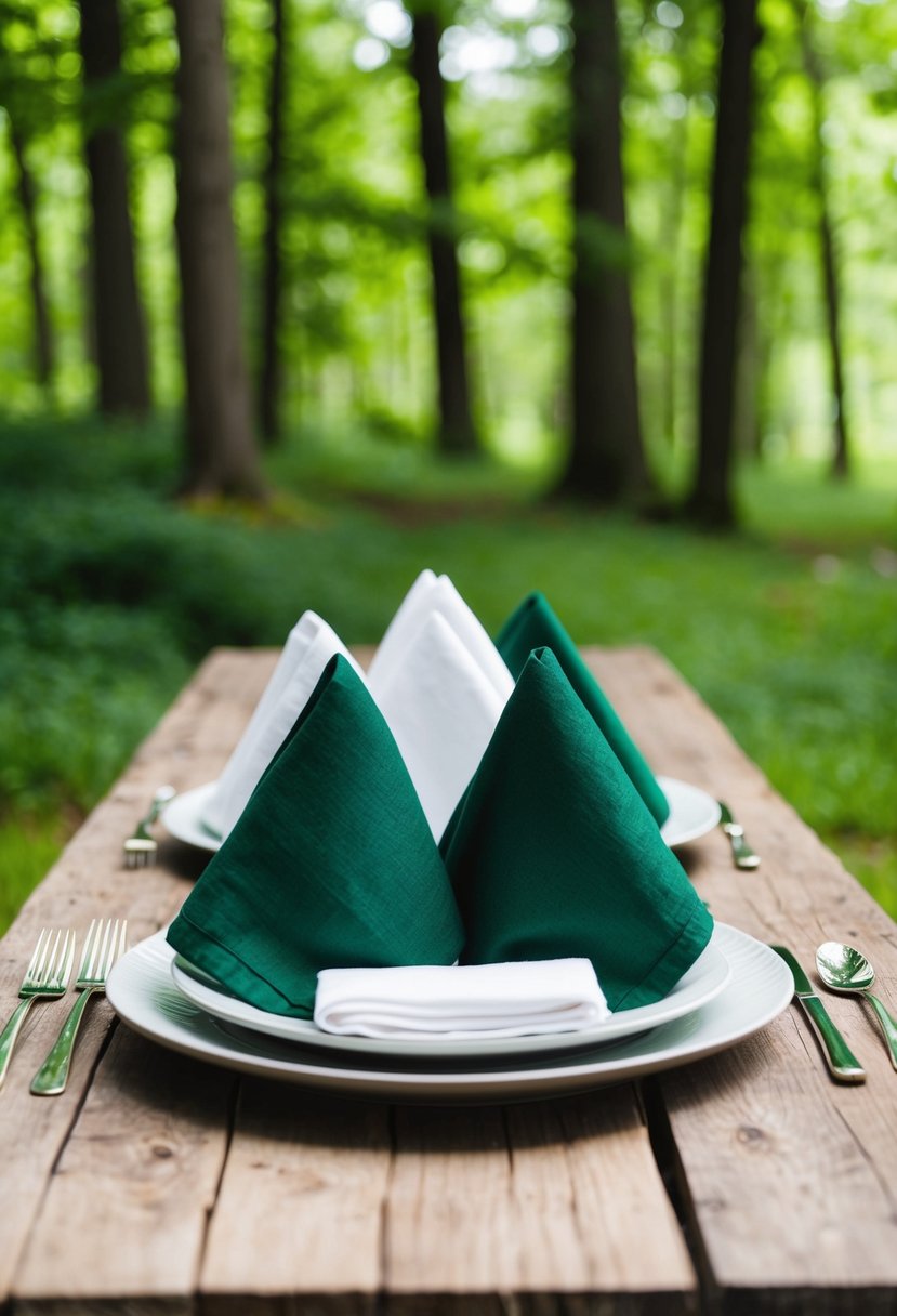 Forest green and white linen napkins arranged on a rustic wooden table in a lush green forest setting