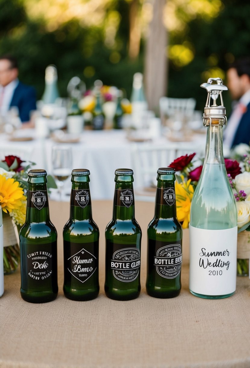 A table with personalized bottle openers arranged as summer wedding favors for guests