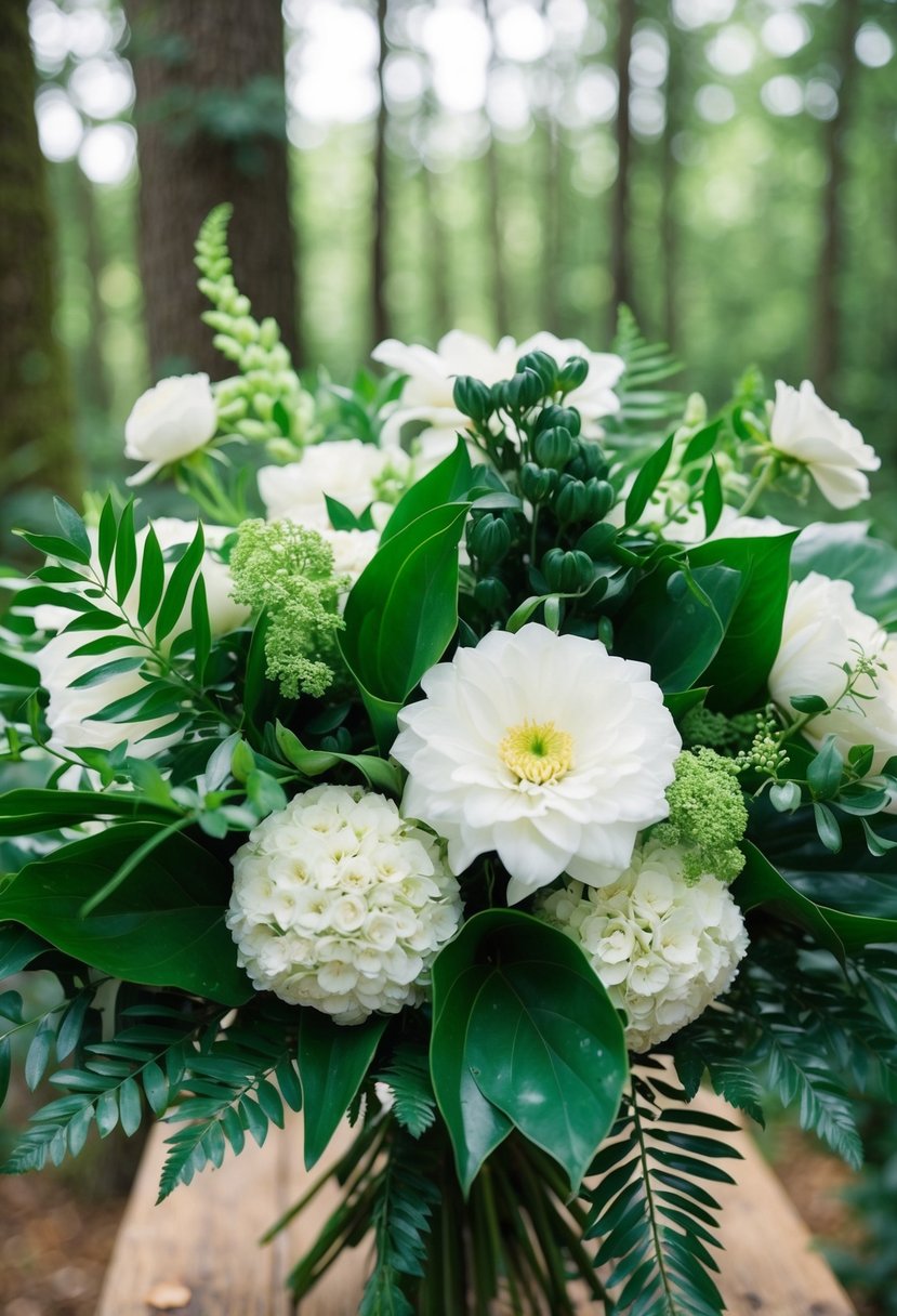 Lush white floral bouquets with forest green foliage