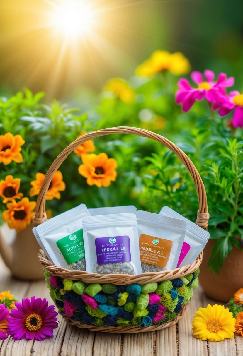 A collection of herbal tea bags arranged in a decorative basket, surrounded by vibrant greenery and colorful flowers, with a warm summer sun shining overhead