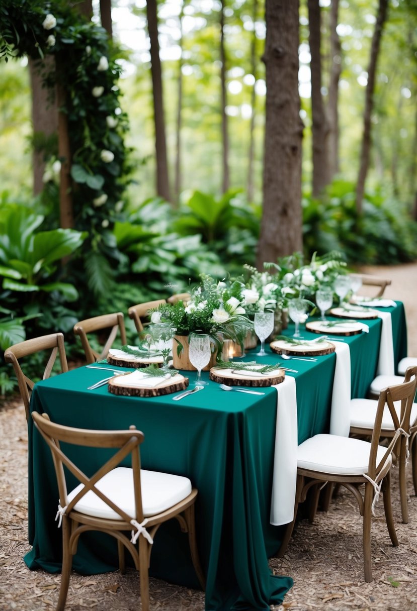 A forest green and white wedding table adorned with wood accents, surrounded by lush greenery and rustic decor